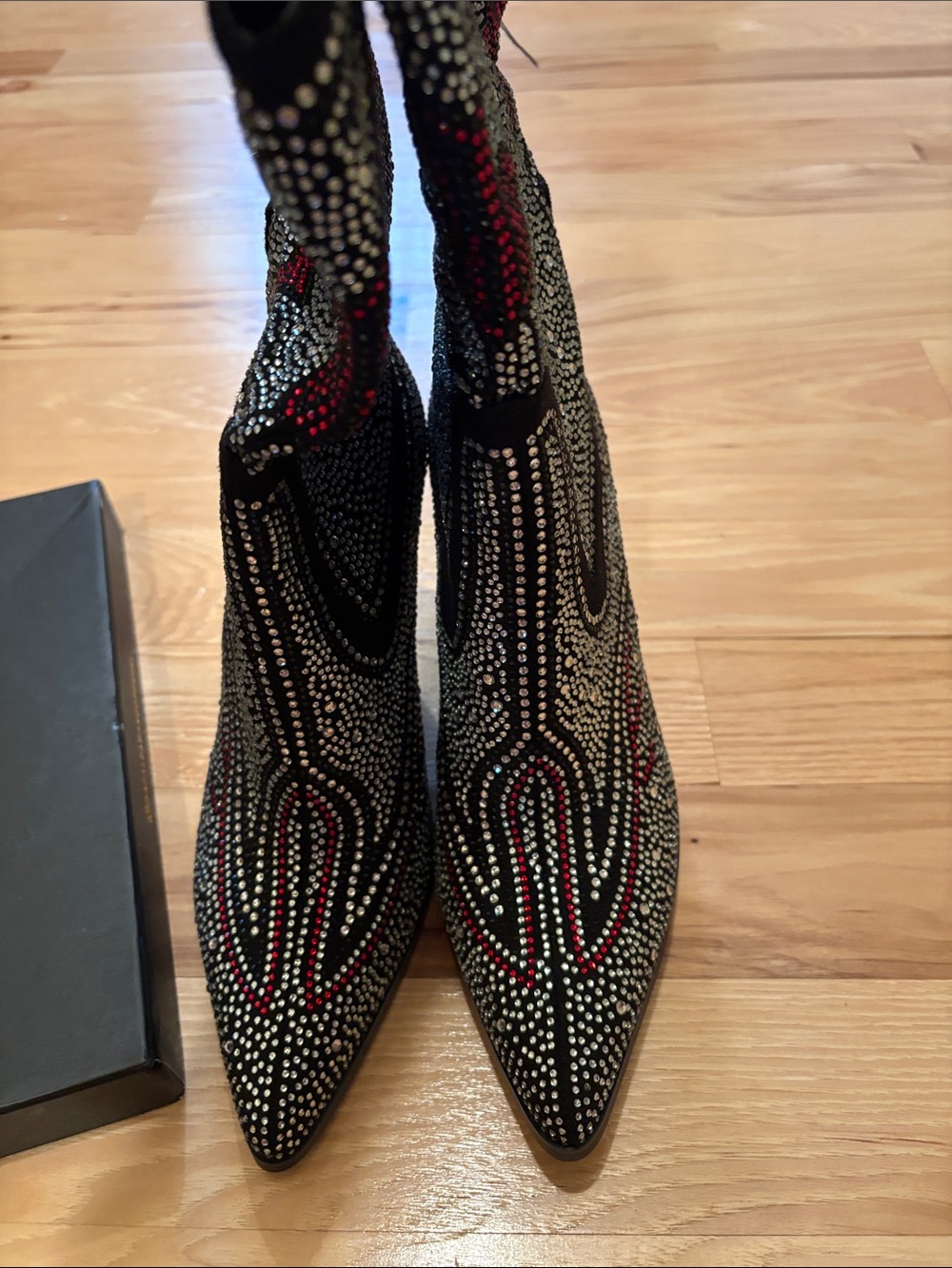 Black Rhinestone Western-Style Ankle Boots with Red Accents - Picture 3 of 8
